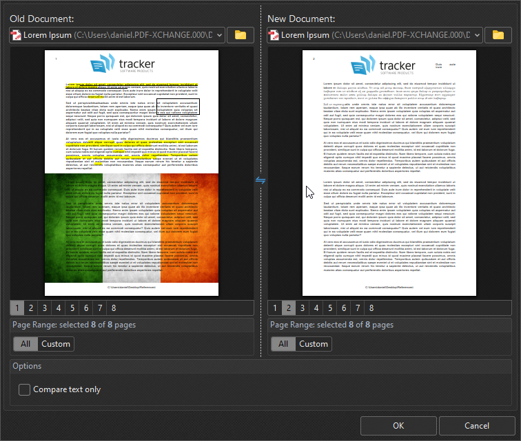 Окно Compare Documents в PDF-XChange Editor