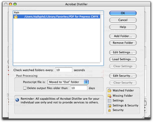 Окно Watched Folders в Adobe Acrobat Distiller: список папок, кнопки Add Folder, Remove Folder, Edit Settings, Load Settings и Edit Security