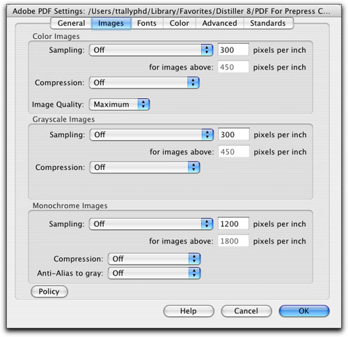 Вкладка Images в Adobe PDF Settings: настройки sampling, compression и image quality для Color Images, Grayscale Images и Monochrome Images