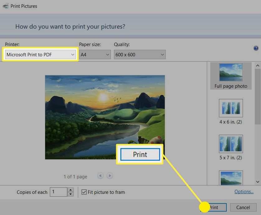 Microsoft Print to PDF: окно печати изображения