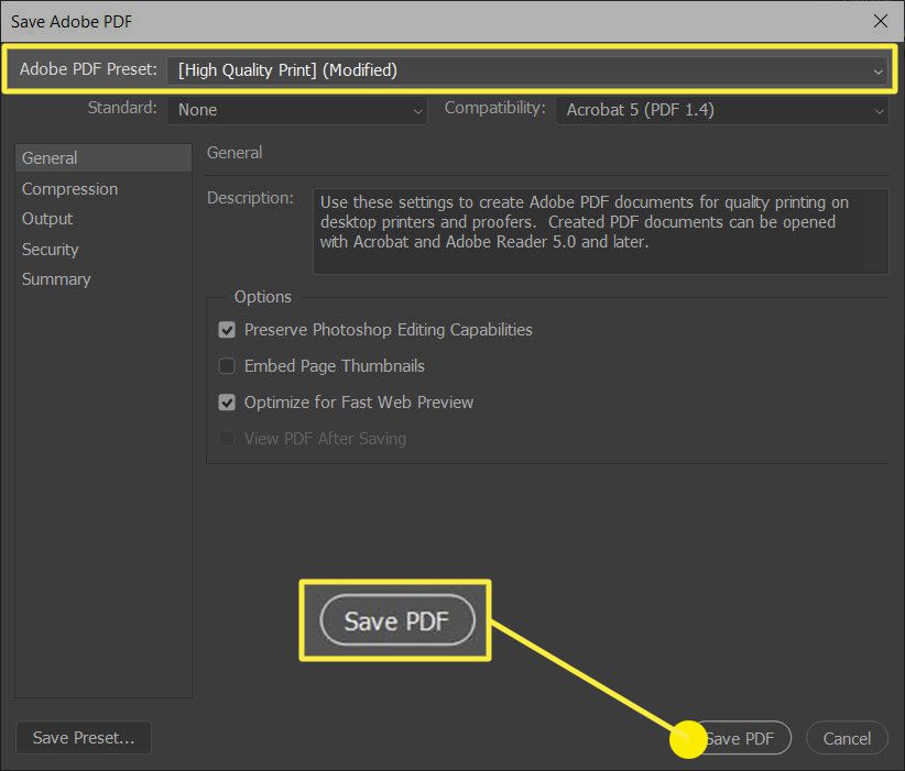 Photoshop: параметры Adobe PDF