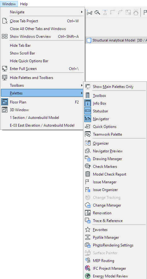 Меню палитр в Archicad