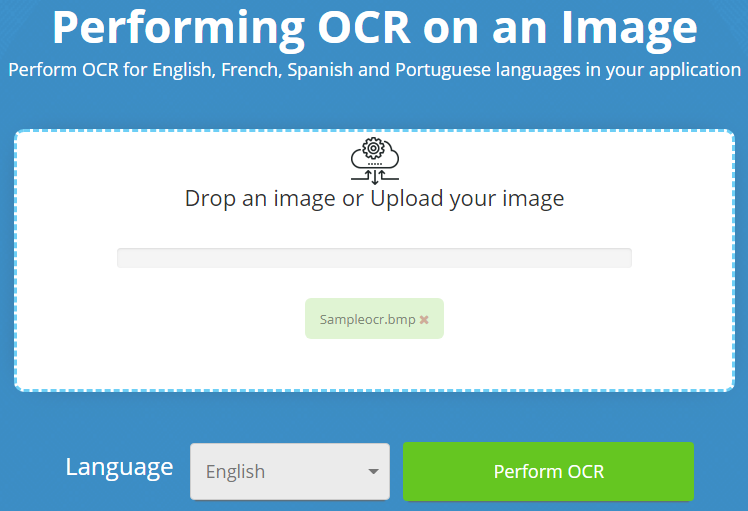 Aspose.OCR Image App с областью Drop an image or Upload your image, выбором Language и кнопкой Perform OCR