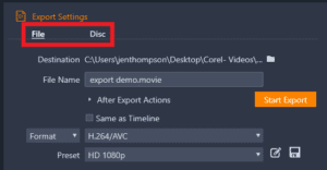 Export Settings: выбор File/Disc, Destination, After Export Actions, Same as Timeline и Start Export