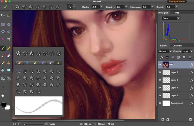 Кисти PixelStyle Photo Editor: панель Art Brush Tool, настройки Radius, Opacity, Hardness и Smooth