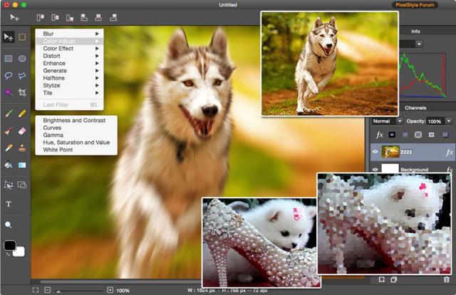 Фильтры PixelStyle Photo Editor: пример меню Filter и демонстрация эффектов на изображениях