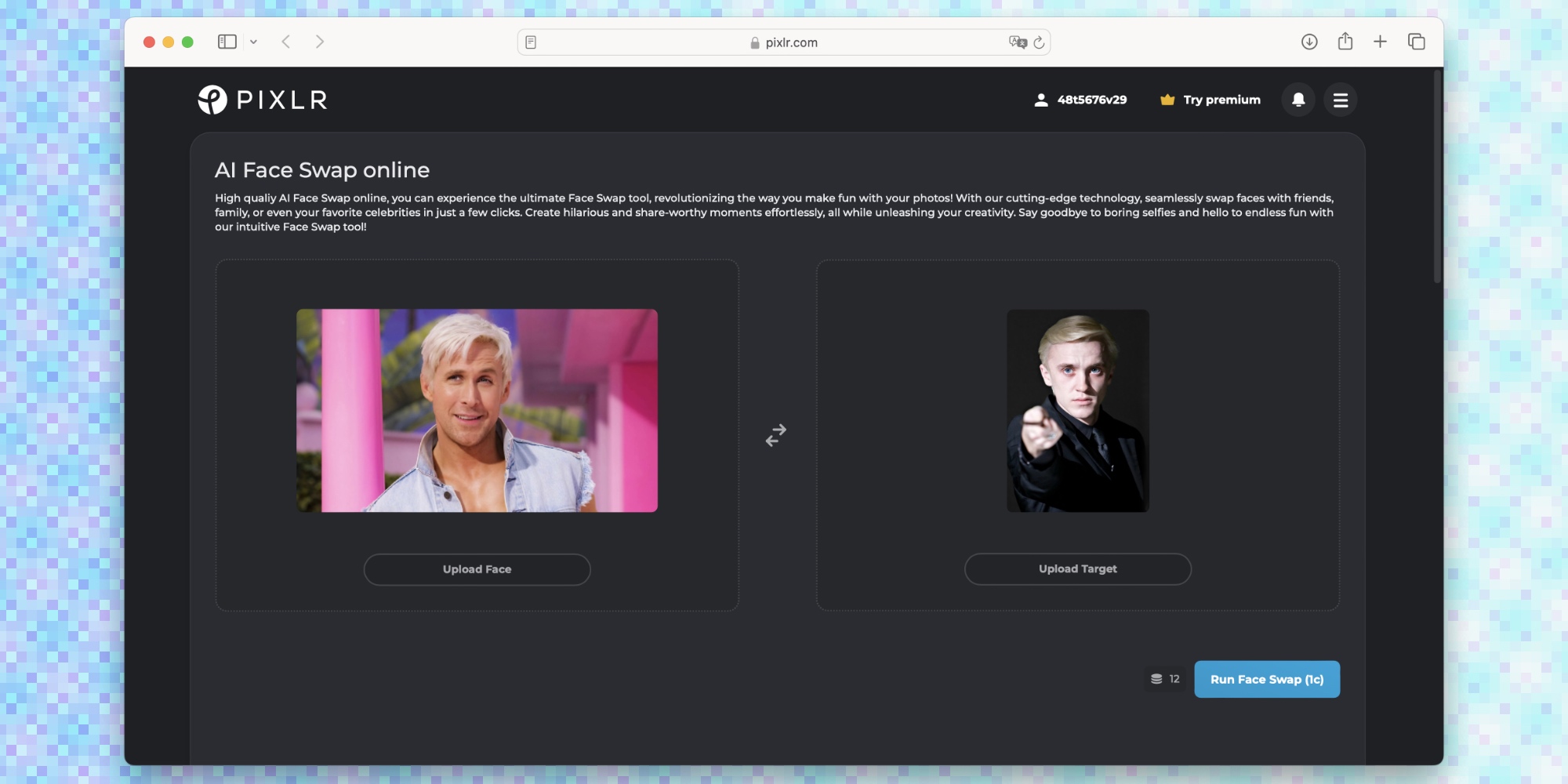 Pixlr AI Face Swap — пример интерфейса и результата