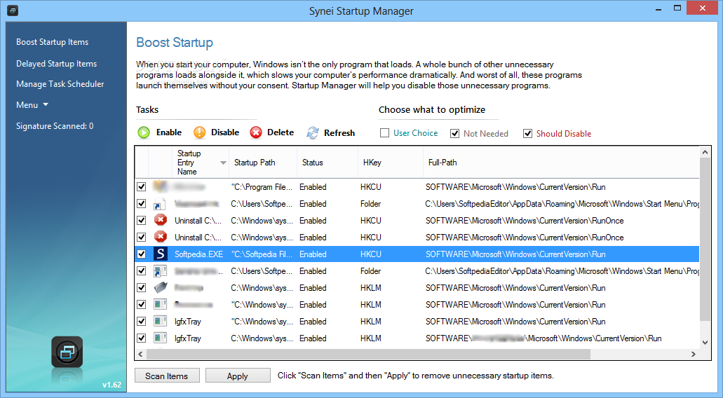 Главное окно Synei Startup Manager с разделом Boost Startup