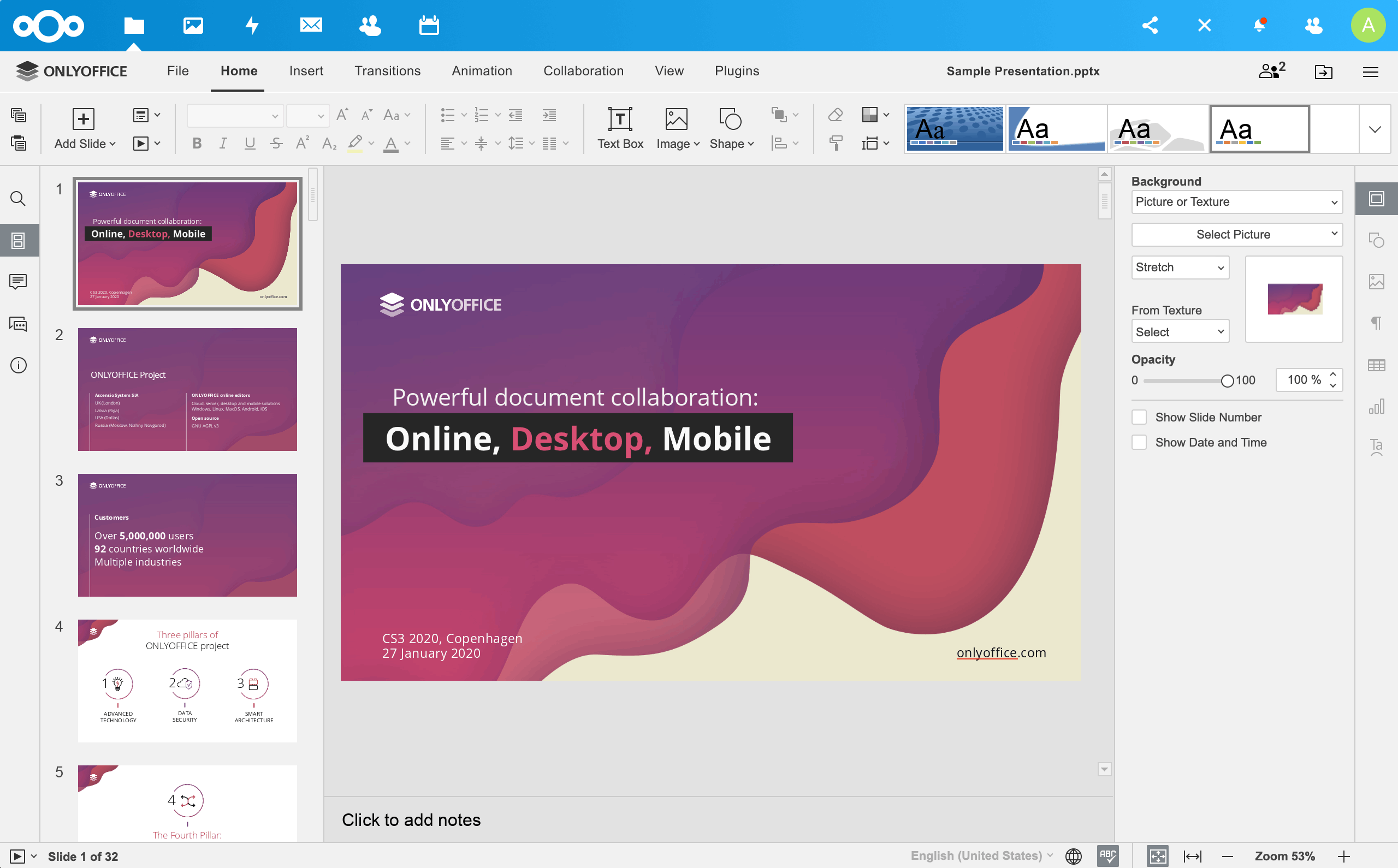 Интерфейс ONLYOFFICE с редактором презентаций и рабочей областью