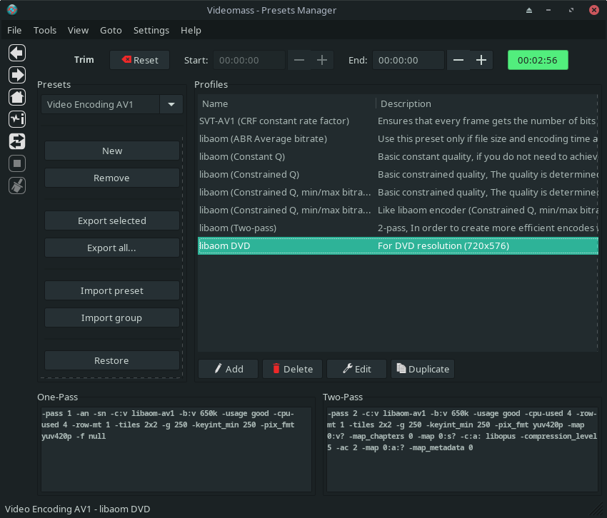 Скриншот Videomass: PresetsManager