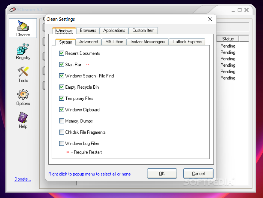 Окно Clean Settings с системными категориями очистки