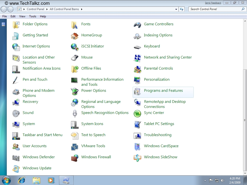 Окно Программы и компоненты Windows 7