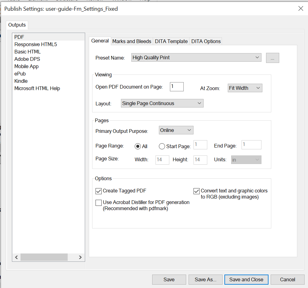 Скриншот Adobe FrameMaker: Publishing PDF Settings General