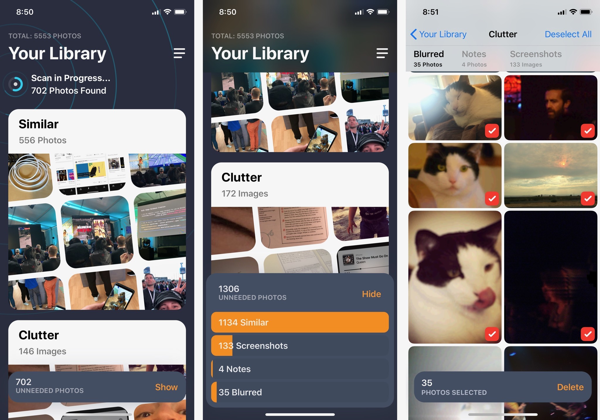 Gemini Photos: карточки Similar и Clutter, раскрытая сводка Unneeded Photos и отдельный экран Blurred