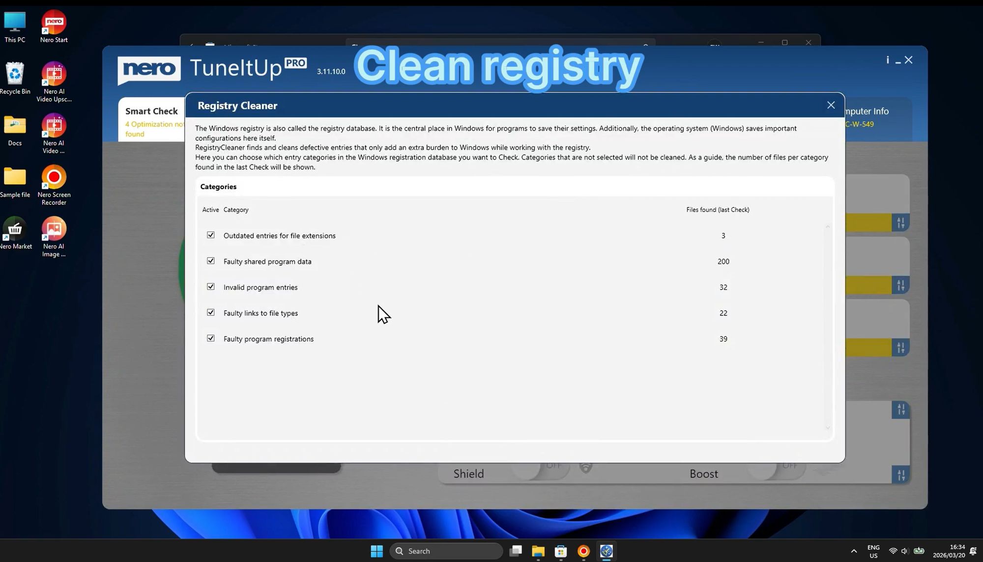 Окно Registry Cleaner в Nero TuneItUp PRO