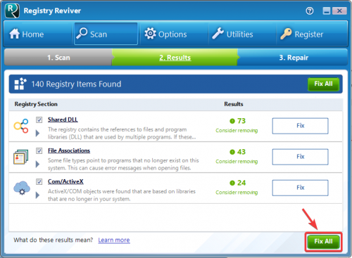 Результаты проверки Registry Reviver с кнопками Fix и Fix All