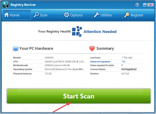 Главный экран Registry Reviver с кнопкой Start Scan