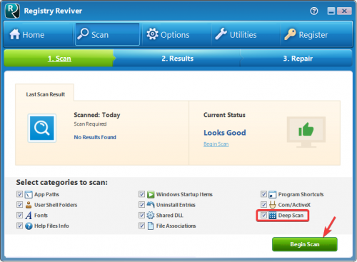 Экран сканирования Registry Reviver с категориями проверки и кнопкой Begin Scan