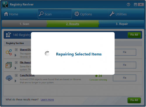 Процесс исправления выбранных элементов в Registry Reviver