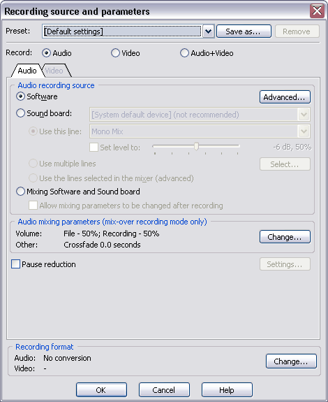 Диалог Recording Source and Parameters в Total Recorder