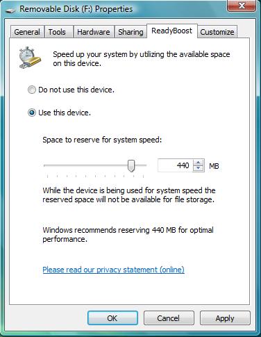 Вкладка ReadyBoost в свойствах флешки