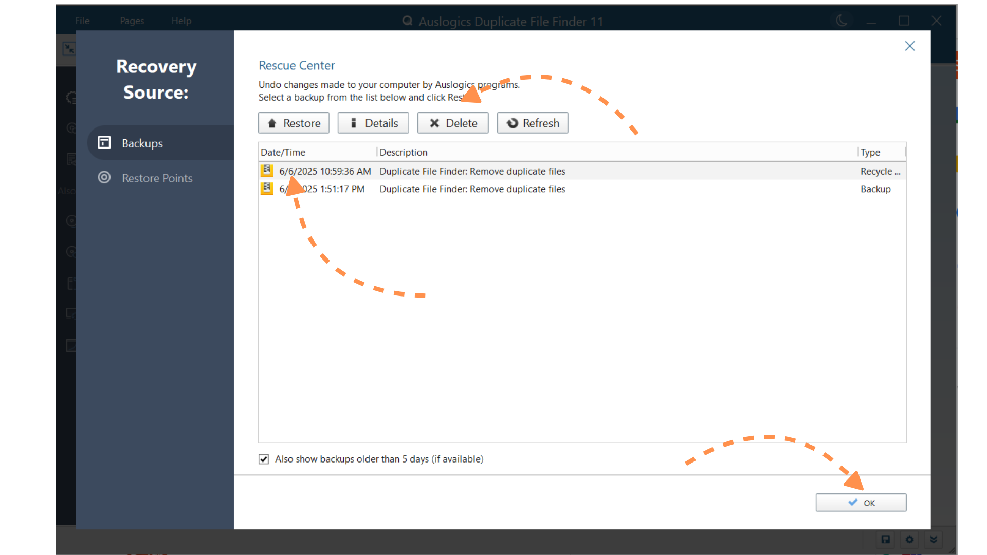 Rescue Center: резервные копии удалённых дубликатов и восстановление
