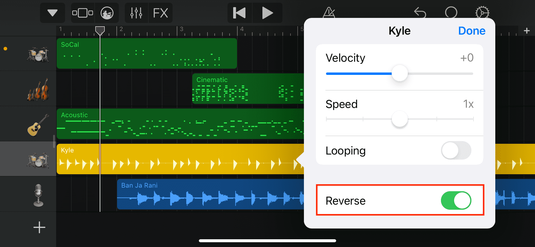 Reverse в GarageBand на iPhone