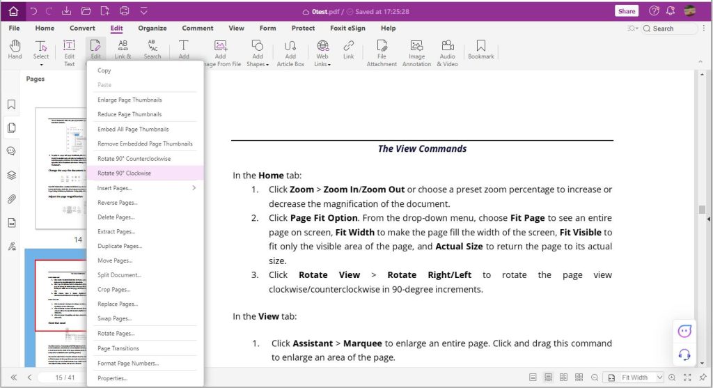 Поворот страницы через миниатюры в Foxit PDF Editor