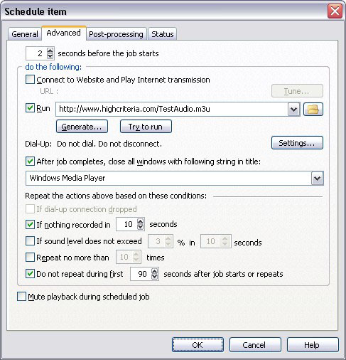 Вкладка Advanced в планировщике Total Recorder