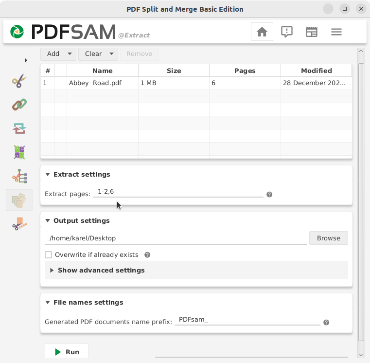 Извлечение страниц в PDFsam Basic