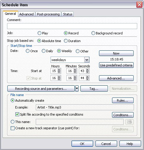 Окно Schedule item в Total Recorder
