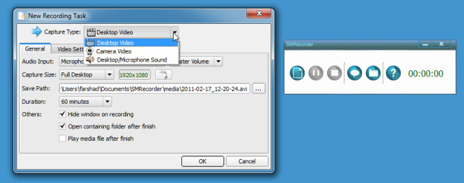 SMRecorder — окно New Recording Task и панель управления