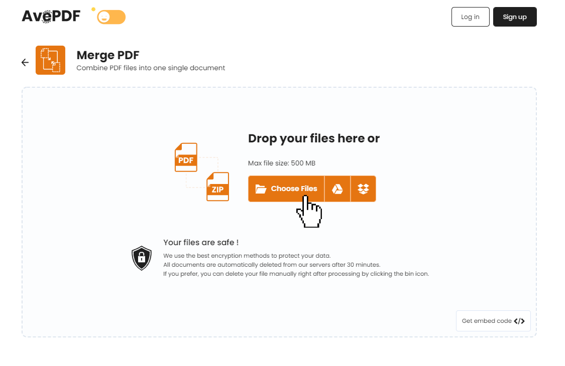 Загрузка файлов в инструмент Merge PDF