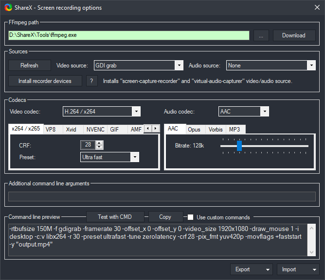 Параметры записи экрана в ShareX