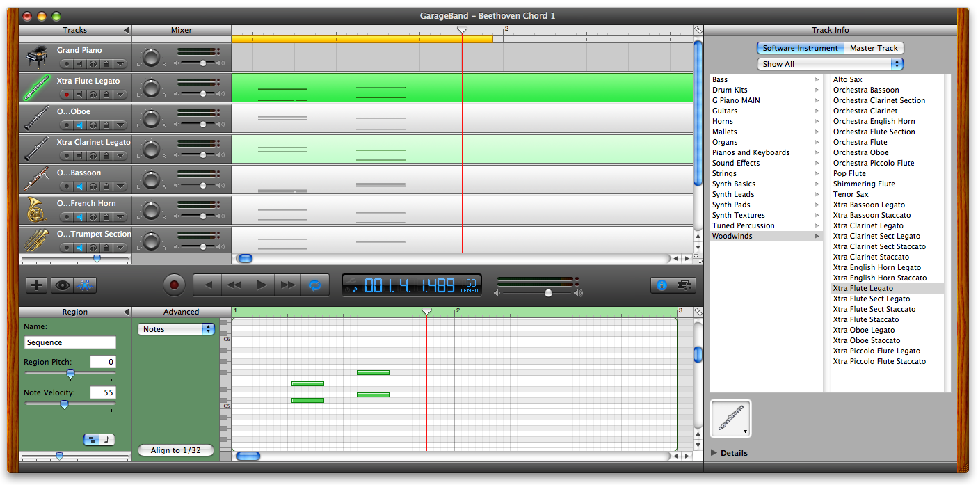 Рабочая область GarageBand с дорожками и редактором