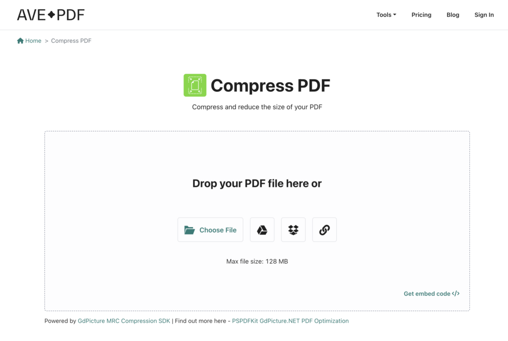 Интерфейс инструмента Compress PDF в AvePDF