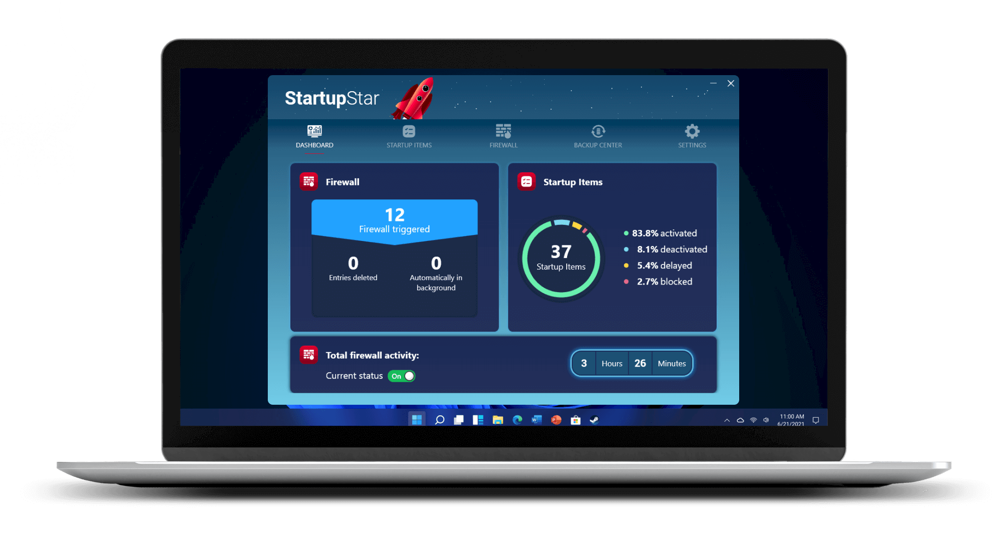 Главный экран Abelssoft StartupStar с Dashboard, статистикой Firewall и Startup Items