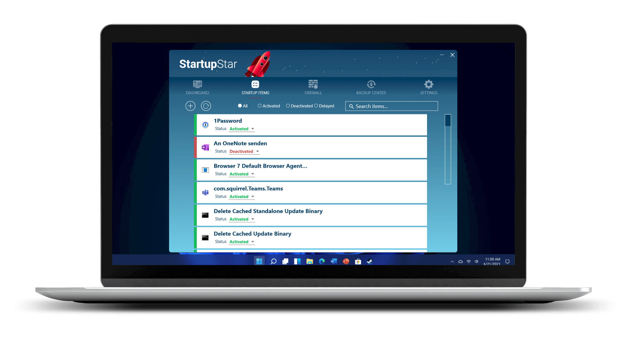 Раздел Startup Items в Abelssoft StartupStar со списком записей автозагрузки, фильтрами и поиском