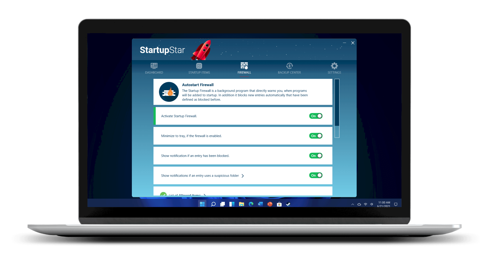 Раздел Firewall в Abelssoft StartupStar с переключателями Autostart Firewall и уведомлений