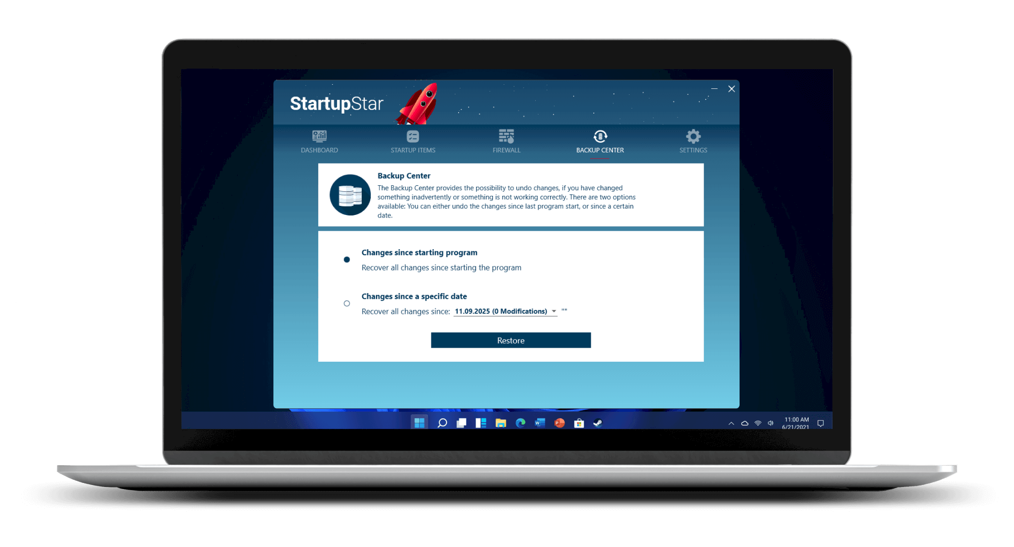 Backup Center в Abelssoft StartupStar с вариантами восстановления изменений и кнопкой Restore
