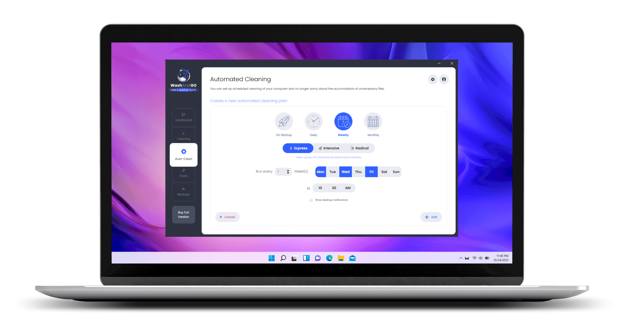 Настройка Automated Cleaning в WashAndGo с расписанием On Startup, Daily, Weekly и Monthly