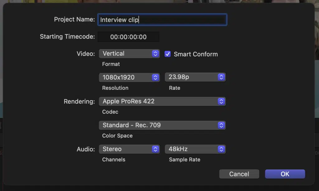 Настройка вертикального проекта в Final Cut Pro