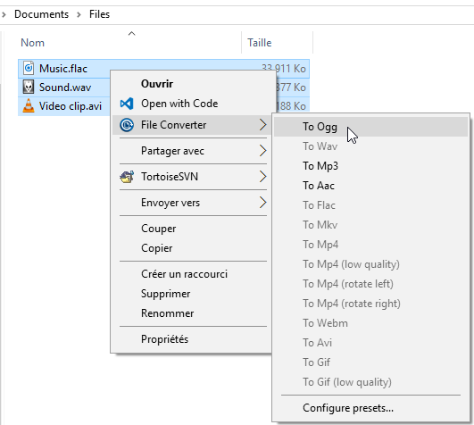 Контекстное меню File Converter с пресетами конвертации