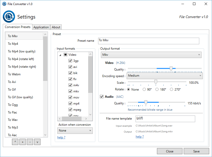 Окно настроек File Converter с пресетами видео