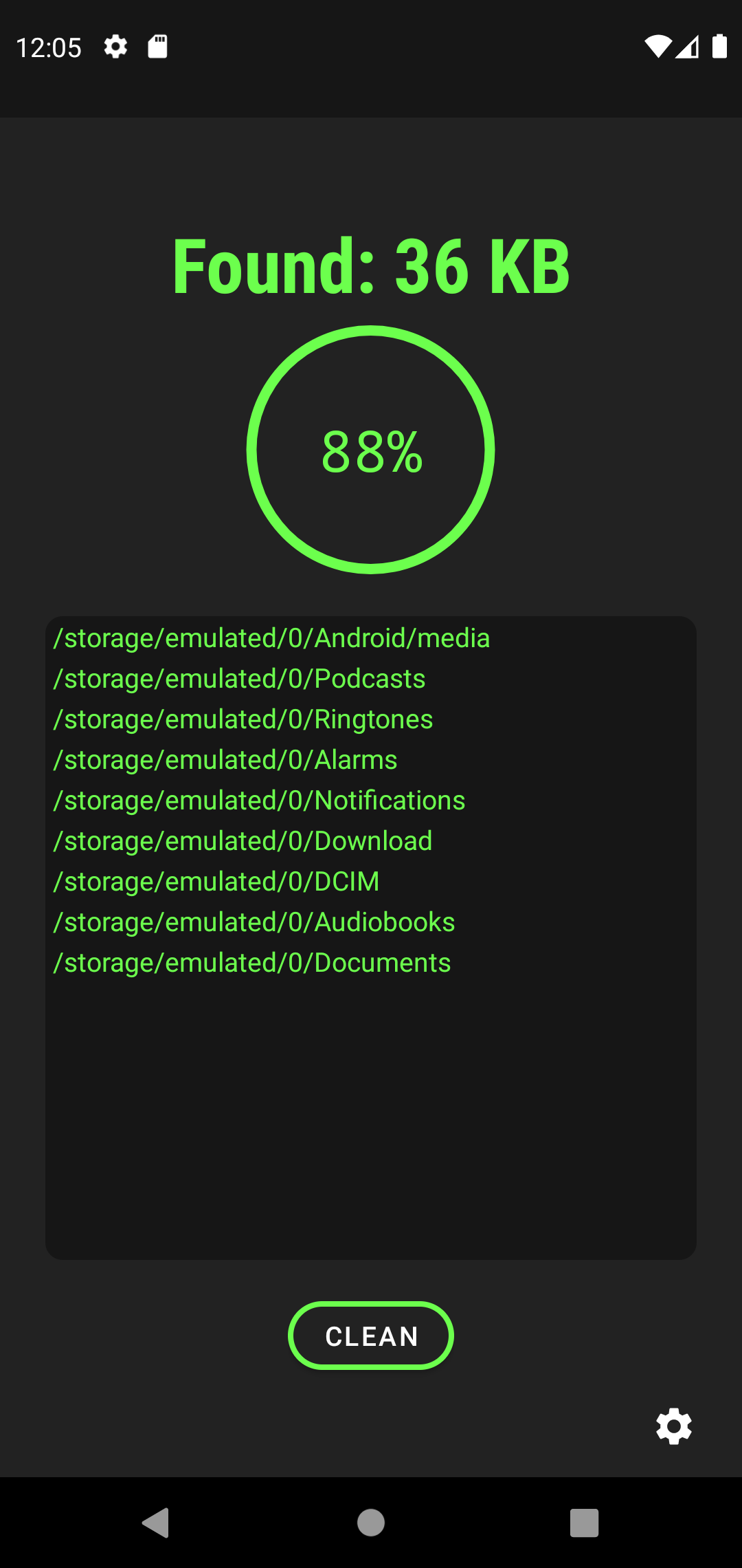 LTE Cleaner FOSS — экран Found с найденными путями и кнопкой CLEAN
