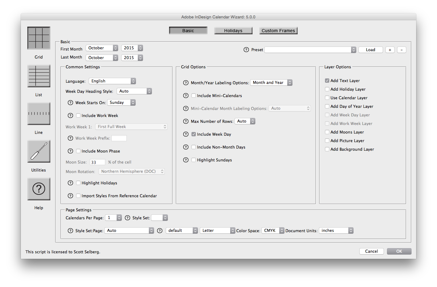 Главное окно Adobe InDesign Calendar Wizard
