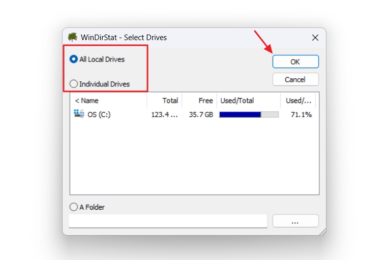 Окно WinDirStat - Select Drives с выбором All Local Drives, Individual Drives и A Folder