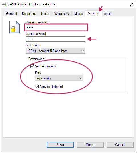 Вкладка Security в 7-PDF Printer