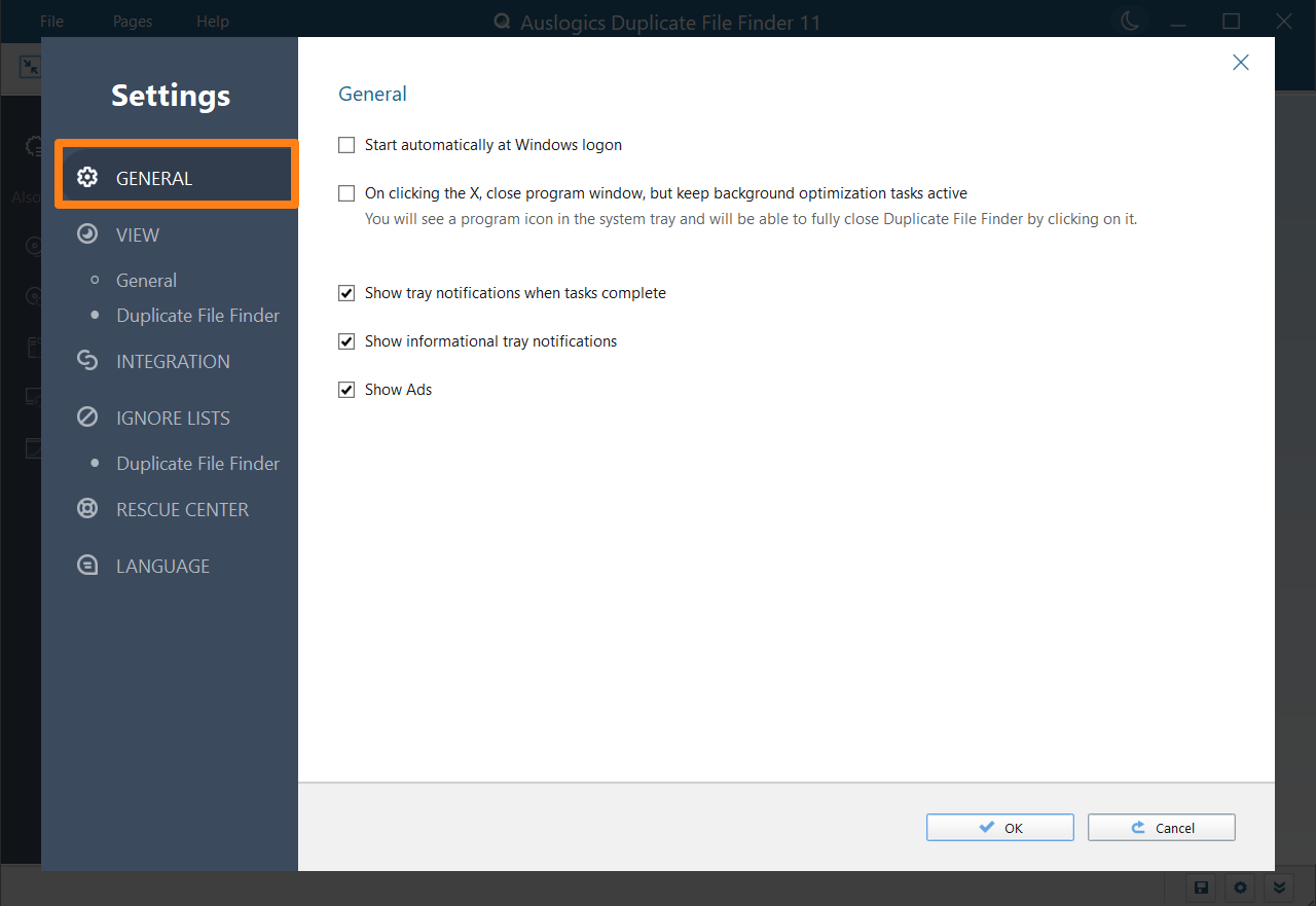 Раздел General в настройках Auslogics Duplicate File Finder