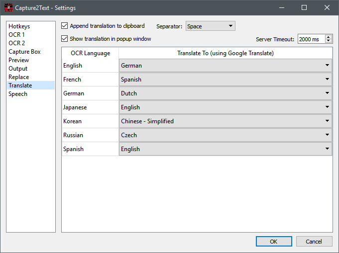 Вкладка Translate в Capture2Text